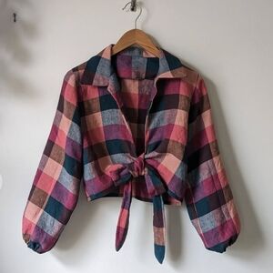 Handmade Saturday Set Plaid Tie-Front Top Merchant And Mills Fabric